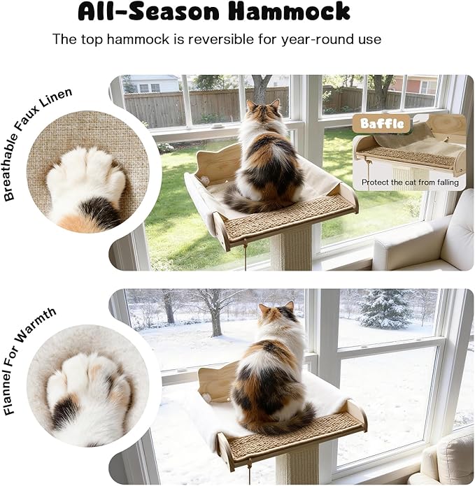 Solid Wood Cat Window Perch with 2 Jumping Platforms, Cat Hammock for Window with Scratching Post, Sisal Tall Cats Scratching Post with Large Perch, Wooden Cats Window Bed with 2 Suction Cups