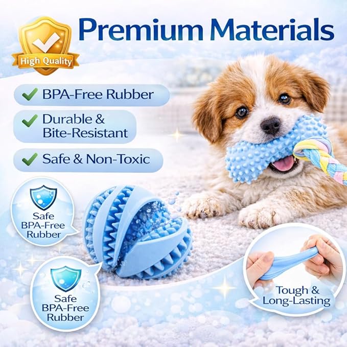 Chew Toys for Small Dogs – 6 Pack Teething Set, Soft Rubber, Eco-Friendly, Teeth Cleaning, Interactive Blue Dog Toys