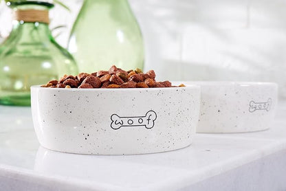 Pearhead Ceramic Dog Bowl – “Woof” Speckled Pet Food & Water Dish, Durable Stoneware, Non-Slip Heavy Base, 20 oz, Medium