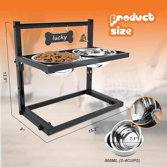 SHAINFUN Elevated Dog Bowls for Medium Dogs and Cats - Raised Cat or Dog Bowl Stand with Adjustable Height and Two Stainless Steel Food Bowls - Ideal for Medium and Small Dogs and Cats