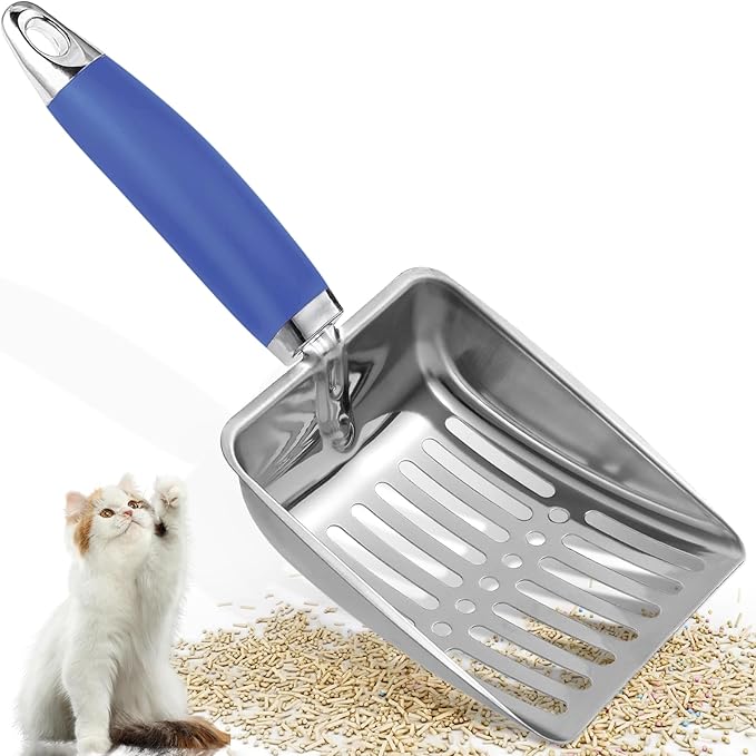 Cat Litter Scoop - Metal Cat Litter Scoop - Stainless Steel Scoop for Cats - Sturdy Metal Mesh - Rubber Handle - Easy to Clean, Suitable for Cat Litter Boxes (Blue)