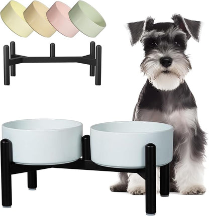 Ceramic Elevated Dog Bowl Set - Dog Feeder Station with Cute-Style Double Bowls for Small and Medium Size Breed - Non-Slip Raised Dish for Food and Water Feeding- 6 Inch - 3.5 Cups / 20 fl oz - Blue