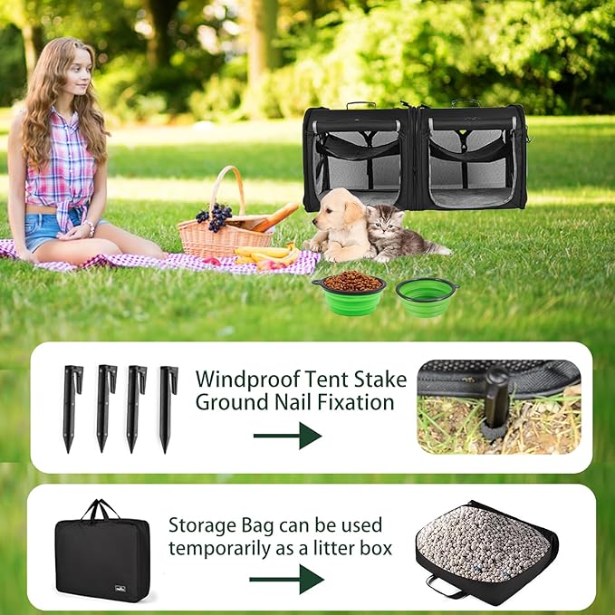 Portable 2-in-1 Pet Carrier for Medium Dogs Large Cat Carrier for 2 Cats Travel Double Dog Crate Set with Portable Carry Bag/Hammocks/Mats/Tent Stakes/2 Pcs Pet Bowls for Outdoor Camping