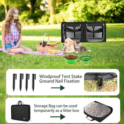 Portable 2-in-1 Pet Carrier for Medium Dogs Large Cat Carrier for 2 Cats Travel Double Dog Crate Set with Portable Carry Bag/Hammocks/Mats/Tent Stakes/2 Pcs Pet Bowls for Outdoor Camping