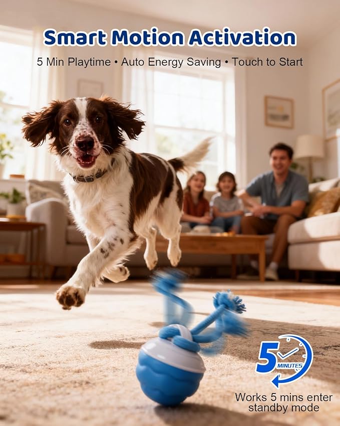 Interactive Dog Toys with Rope -Smart Dog Ball Built-in Barking Sound, Motion Activated USB-C Rechargeable Dog Toy with 3 Play Modes for Medium & Large Dogs (Blue)