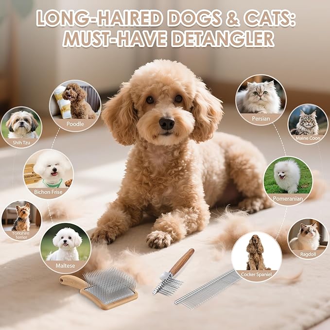 Large Long Pin Slicker Brush for Shedding – 3PC Grooming Kit with Dematting Comb & Comb for Long-Haired Dogs & Cats, Doodles, Poodles, Goldendoodle & Double Coats, Wooden Handle, Natural