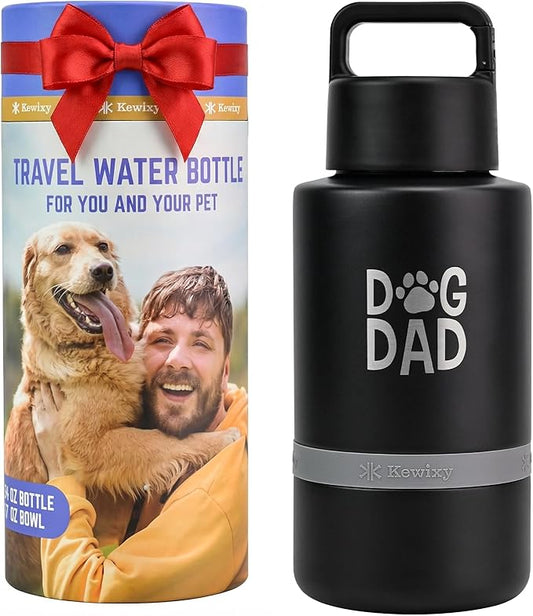 Dog Dad Gift, Insulated Dog Water Bottle with Travel Bowl, Men Christmas, Birthday for DogLover, Portable Water Bottle Dispenser, Accessories for Car, Camping, Outdoor, Detachable (DogDad-Black)