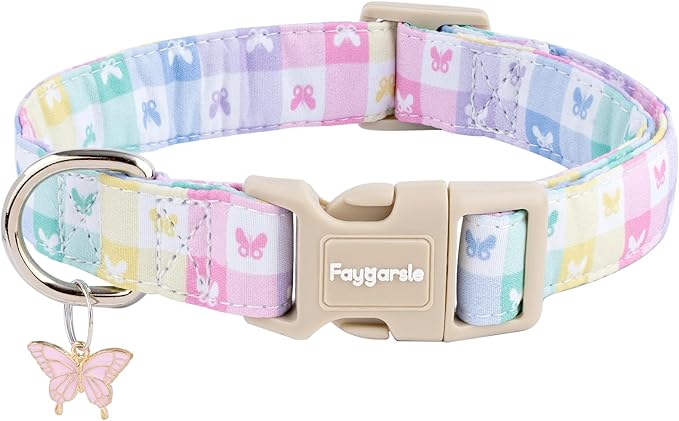 Faygarsle Pastel Butterfly Print Dog Collar, Adjustable with Quick-Release Buckle, Lightweight Summer Design for Small Medium Large Dogs Colorful S