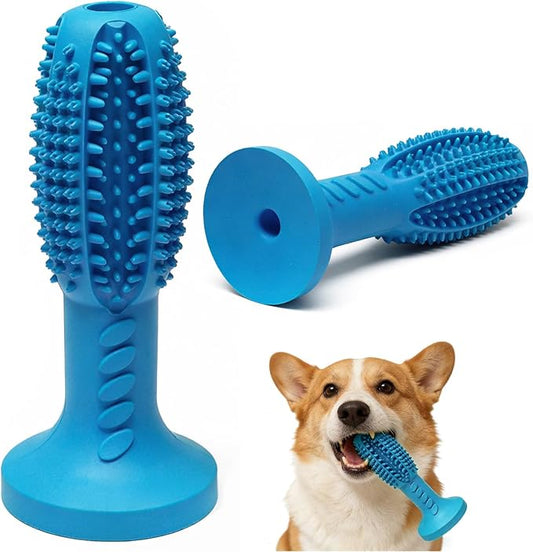 Dog Chew Toys, Interactive Suction Cup Toothbrush Chew Toy for Puppy Teething, Rubber Teeth Cleaning Stick with Treat Holder for Small and Medium Dogs (Blue)