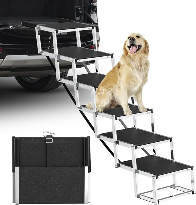 Dog Stairs for Large Dogs - 6 Step Foldable Dog Ramp for Car 43In Non-Slip Surface Support up to 230lbs - Suitable for SUV Truck Designed Specifically for Disabled Dogs