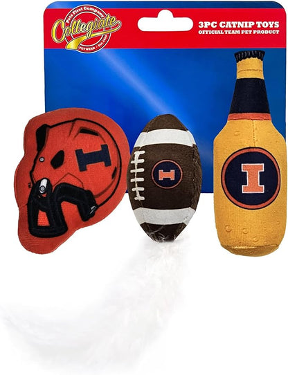Best Plush CAT Toy NCAA Illinois Fighting Illini Complete Set of 3 Piece Cat Toys Filled with Fresh Catnip. Includes: 1 Helmet Cat Toy, 1 Football Cat Toy with Feathers & 1 Beer Bottle.