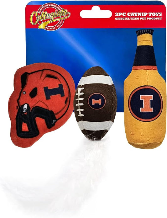 Best Plush CAT Toy NCAA Illinois Fighting Illini Complete Set of 3 Piece Cat Toys Filled with Fresh Catnip. Includes: 1 Helmet Cat Toy, 1 Football Cat Toy with Feathers & 1 Beer Bottle.