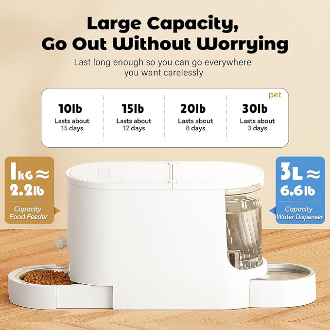 JUNSPOW Automatic Cat Feeder 2-in-1 Set, Gravity Cat Food Feeder and Water Dispenser, Dog Feeding & Watering Supply with Stailess Steel Bowls, Large Capacity Low Noise, White