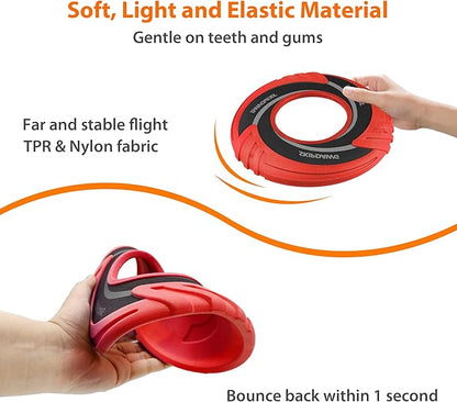 SKIPDAWG Interactive Dog Tug Toy, Dog Flying Disc Floats in Water to Keep Them Busy, Outdoor Pet Toys for Dogs Exercise Training Safe Light TPR/Nylon Fabric, Diameter 9 Inch Red Color