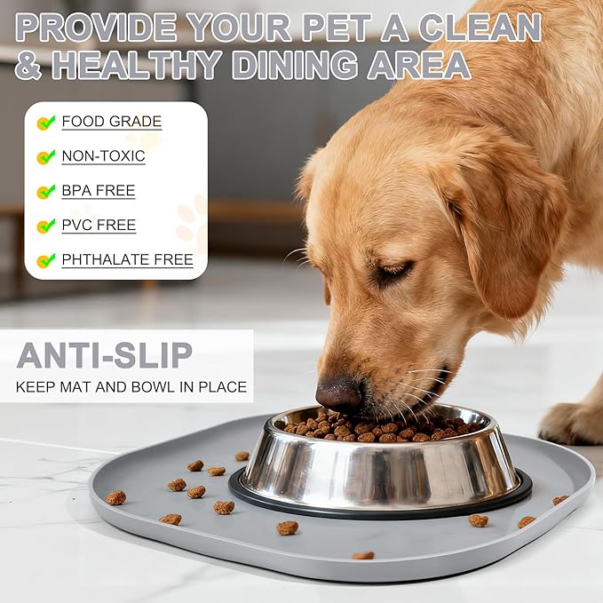 Small Silicone Pet Food Mat with Raised Edge for Food and Water Bowl, Square Dog Feeding Mats, Cat Food Trays for Floor Waterproof, Rubber Tray for Dogs and Cats, 12 x 12 x 0.7 Light Gray