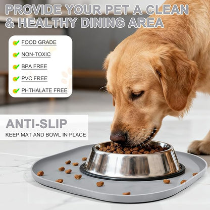 Small Silicone Pet Food Mat with Raised Edge for Food and Water Bowl, Square Dog Feeding Mats, Cat Food Trays for Floor Waterproof, Rubber Tray for Dogs and Cats, 12 x 12 x 0.7 Light Gray