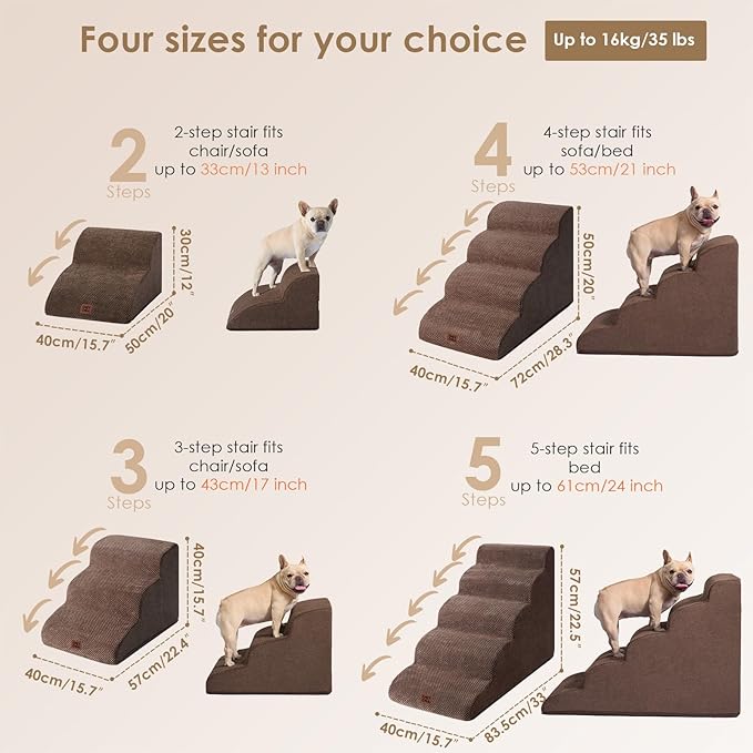EHEYCIGA Curved Dog Stairs Ramp for Small Dogs 15.7" H, 3-Step Dog Steps for Couch Sofa and Chair, Pet Stairs for Cats, Non-Slip Balanced Pet Steps Indoor, Brown