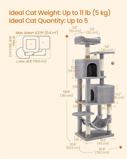 Feandrea Cat Tree, 59.5-Inch Tall Cat Tower, Plush Multi-Level Condo with 5 Scratching Posts, 2 Perches, 2 Caves, Hammock, 2 Pompoms, Light Gray UPCT192W01