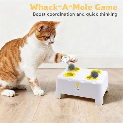 Cheese Box Interactive Cat Toy for Indoor Cats, 3-in-1 Whack a Mole Feather Toy, 3 Modes Rechargeable Auto Cat Toys for Bored Cats, 4 Holes Kitten Toy, 4 Accessories (White)