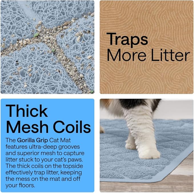 GORILLA GRIP Cat Litter Box Mat, 47x35, Cushioned Coil Mesh Litter Trapping Mats, Scatter Control Supplies for Less Mess, Phthalate Free, Ultra Deep Catch Grooves, Rinse or Vacuum to Clean, Light Blue