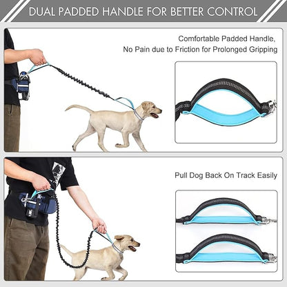 Hands Free Dog Leash with Waist Bag for Medium to Large Dogs, Dual-Handle Reflective Bungee Leash with Poop Bag Dispenser Pouch, Adjustable Waist Belt for Night Walking Jogging Hiking