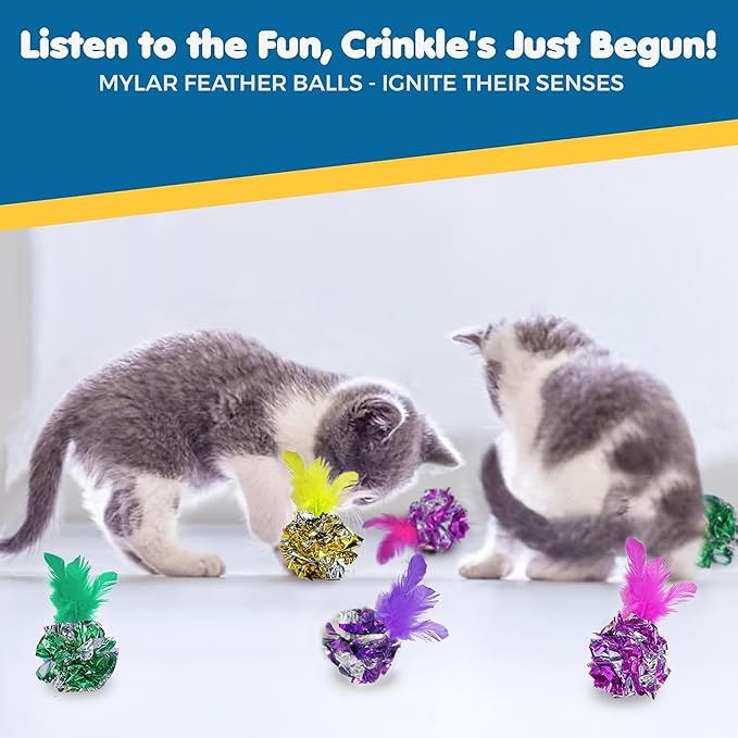 SunGrow Cat Crinkle Balls for Cats, Multicolor with Feather, 20 Pieces, Lightweight Interactive Pet Toy