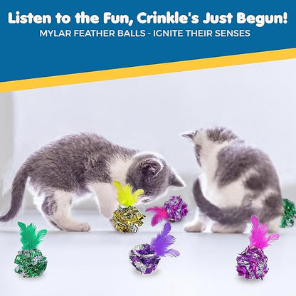SunGrow Cat Crinkle Balls for Cats, Multicolor with Feather, 20 Pieces, Lightweight Interactive Pet Toy