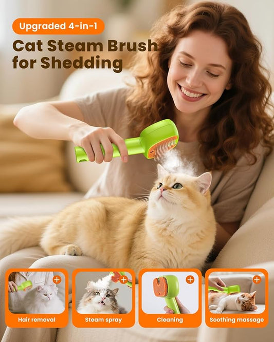 4-in-1 Cat Steam Brush, 2025 Upgraded Pet Steam Brush for Indoor Cats Dogs Spray Hair Removal Comb, 2 Spray Self-Cleaning Dog Brushes for Shedding,Massage,Cleaning Grooming (Green)