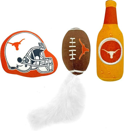 Best Plush CAT Toy - NCAA Texas Longhorns Complete Set of 3 Piece Cat Toys Filled with Fresh Catnip. Includes: 1 Helmet Cat Toy, 1 Football Cat Toy with Feathers & 1 Beer Bottle. Beautiful Team Logos