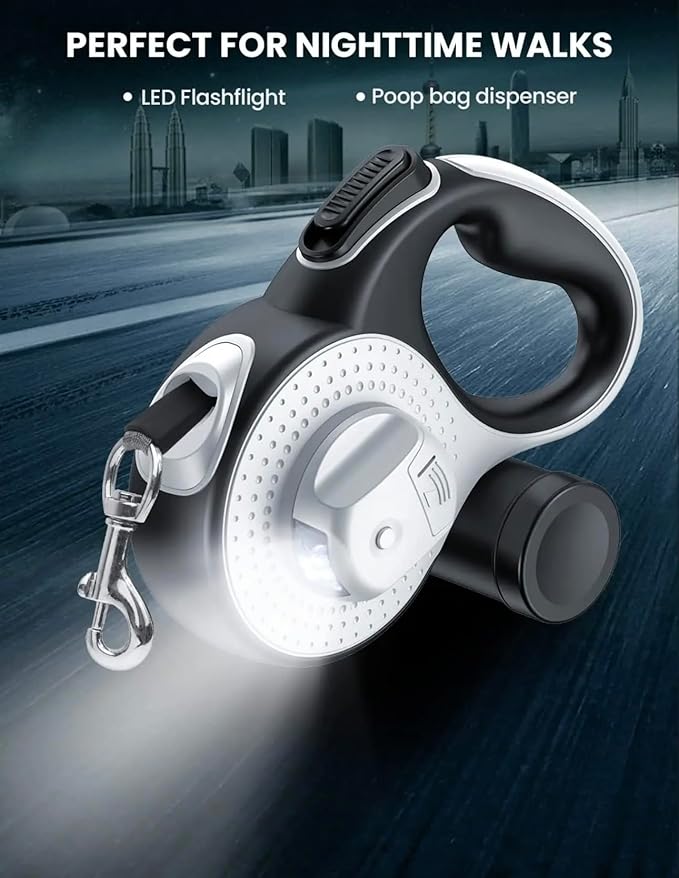 Retractable Dog Leash with LED Light for Night Walking – 16ft Tangle-Free Leash with Poop Bag Dispenser, One-Button Lock, Reflective Handle