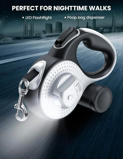 Retractable Dog Leash with LED Light for Night Walking – 16ft Tangle-Free Leash with Poop Bag Dispenser, One-Button Lock, Reflective Handle