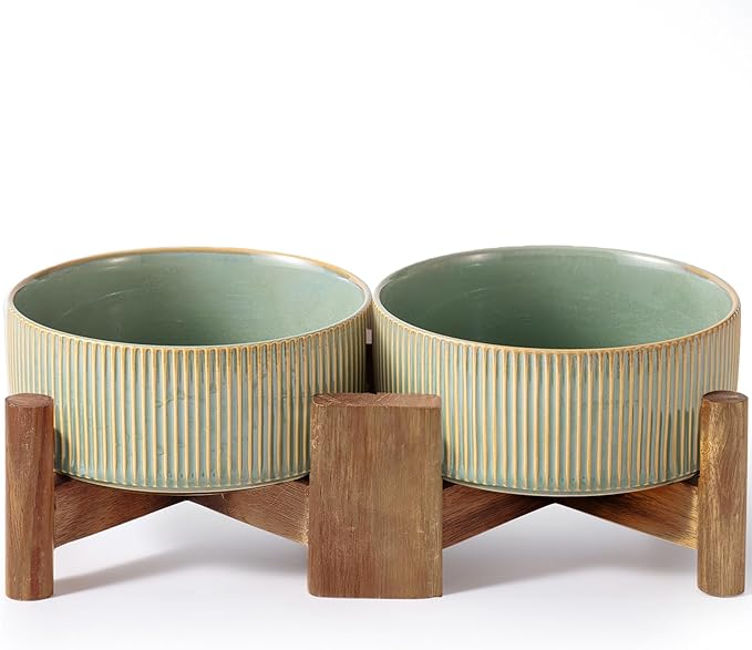 Getstar Ceramic Dog Bowls Set with Acacia Wood Stand, 3.5 Cups Pet Bowls Set of 2 for Medium Dogs, Cute Dog Food Bowl, Cat Bowls