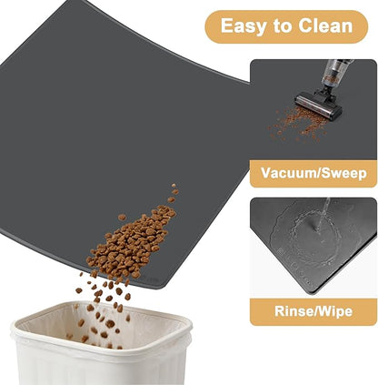 Extra Extra Large Silicone Dog Food Mat 39.4×43.3in and 128oz Silicone Bag Set, Super Size Waterproof Pet Feeding Mat & Container, Non-Slip, Chew-Resistant Floor Protection (Dark Grey&Clear)