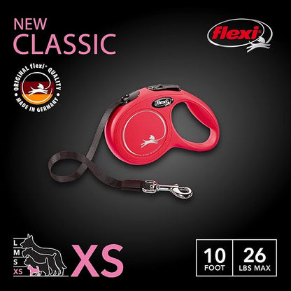 FLEXI® Classic XS Tape Retractable Dog Leash (Red)-10 ft for Extra Small, Tiny Dogs up to 26 lbs| Ultra Compact Pocket-Size, 3-Finger Grip, German Quality| Tangle-Free, One-Hand Brake, Pause & Lock