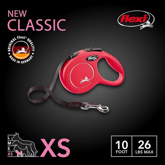 FLEXI® Classic XS Tape Retractable Dog Leash (Red)-10 ft for Extra Small, Tiny Dogs up to 26 lbs| Ultra Compact Pocket-Size, 3-Finger Grip, German Quality| Tangle-Free, One-Hand Brake, Pause & Lock