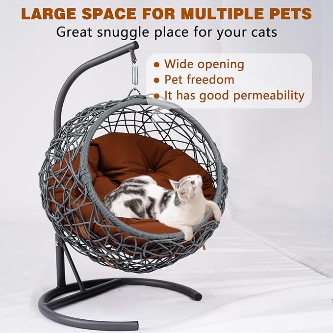 Cat Egg Chair with Stand & Cushion, Cat Swing Bed with Rattan Wicker Appearance, Hanging Chair for Indoor Cats Pet Kitten Puppy Small Dogs (Brown, 17.70 Inch)
