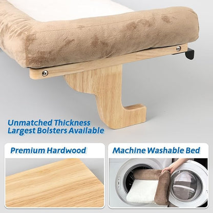 Zakkart Cat Perch for Window Sill with Bolster - Orthopedic Hammock Design with Premium Hardwood & Robust Metal Frame - Cat Window Seat for Large Cats - Natural Color Wood Brown Bed, 26.4''W