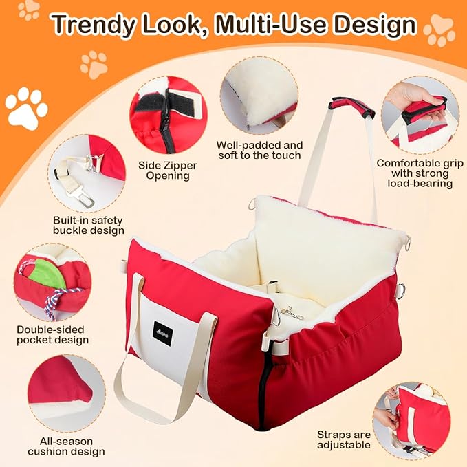 SIVES Dog Car Seat for Small Dogs, Soft Booster Seat Travel Bed with Side Flaps, Non-Slip Base, Seat Belt Straps + Safety Tether, Storage Pocket, Washable Cushion, Recommended Up to 33 lbs, Red