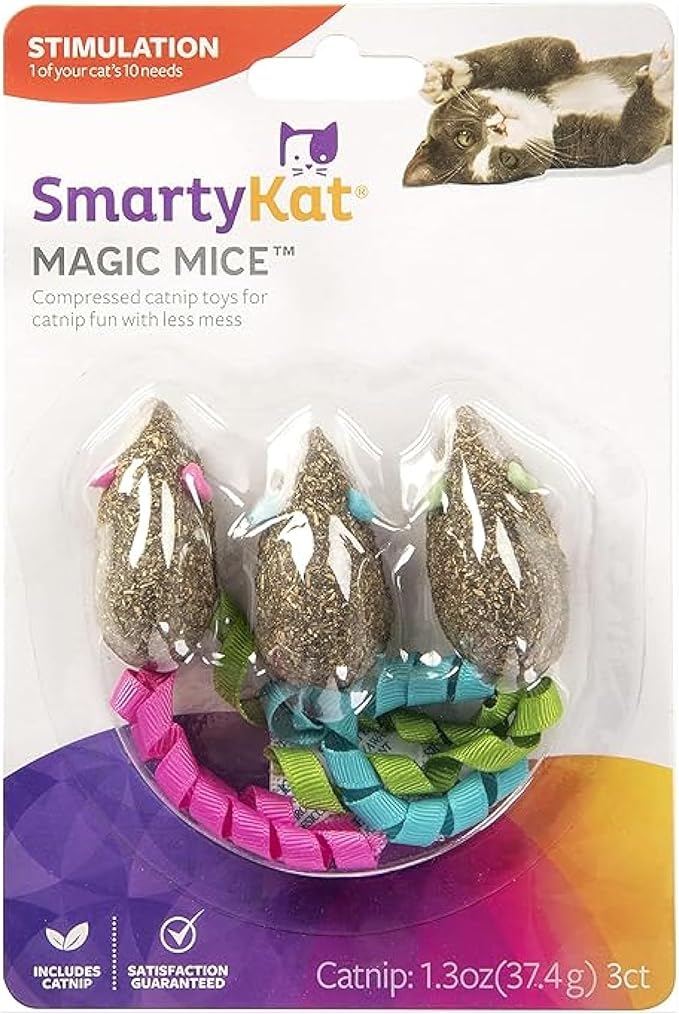 SmartyKat Magic Mice Compressed Catnip and Ribbon Cat Toys, Mess-Free for Hunting & Batting Fun for Cats & Kittens, Set of 3