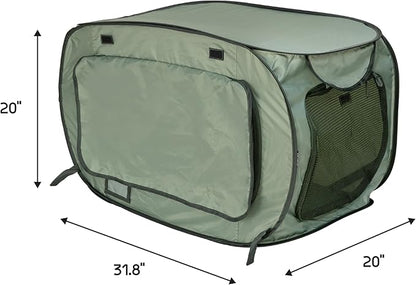 SportPet Designs Soft-Sided Pop-Open Pet Kennel, Medium Portable Travel Crate for Cats & Dogs up to 50 lbs, Foldable Car Kennel with Seatbelt Straps & Washable Waterproof Pad, Green