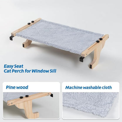 Zakkart 2PC Easy Seat Cat Perch for Window Sill - Hammock Design w/Pine Wood & Robust Metal Frame - Cat Window Seat for Large Cats and Kittens (Natural Color Wood w/Gray Bed, Large (26''W x 14''D)