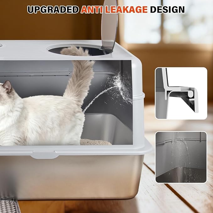 Stainless Steel Litter Box with Lid, Extra Large Enclosed Cat Litter Box for Big Cats, Metal Cat Box with High Sided Enclosure & Scoop, Front & Top Entry, Odor Free, Anti-Leakage, Grey