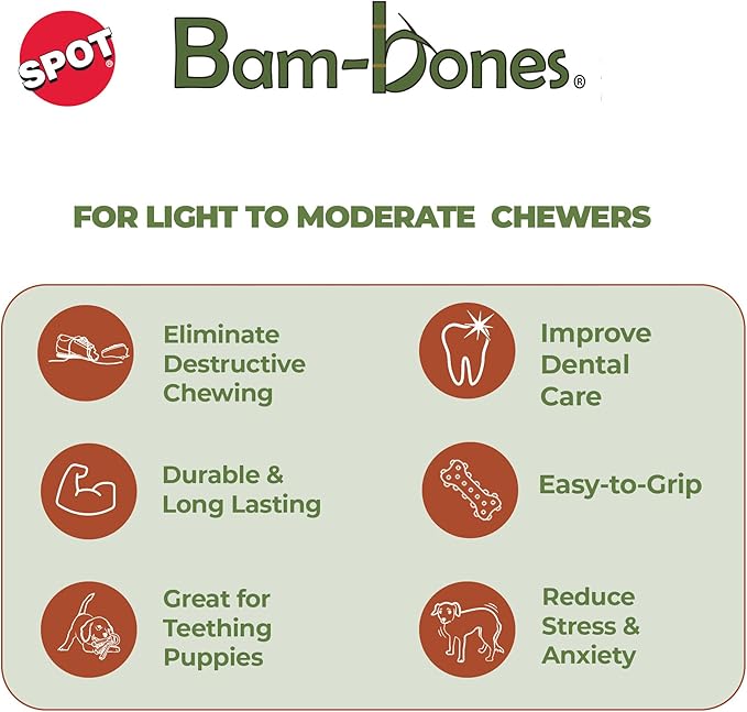 SPOT Bam-Bones Bone - Made with Strong Bamboo Fiber, Durable Long Lasting Dog Chew for Light to Moderate Chewers, Great Toy for Adult Dogs & Teething Puppies under 40lbs, 7.25in, Bacon Flavor