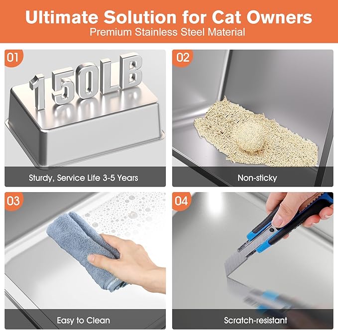 XXL Stainless Steel Litter Box with Lid, 28" Lx20 W Extra Large Cat Litter Boxes for Big Cats, Jumbo Metal Litter Box with Footboard & Scoop,Anti-Leakage,Non-Sticky,Odorless,Easy to Clean