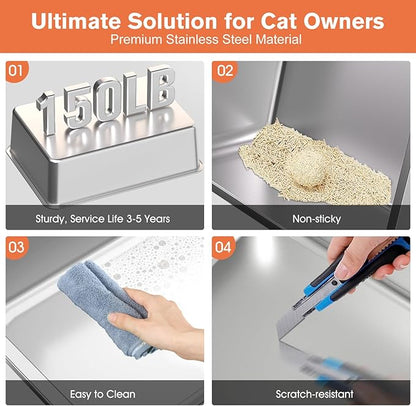 XXL Stainless Steel Litter Box with Lid, 28" Lx20 W Extra Large Cat Litter Boxes for Big Cats, Jumbo Metal Litter Box with Footboard & Scoop,Anti-Leakage,Non-Sticky,Odorless,Easy to Clean
