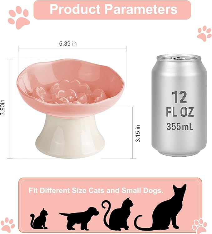 Ceramic Slow Feeder Bowl for Cats and Small Dogs, Elevated Tilted Pet Food Dish, Whisker Friendly Anti-Vomit Design, Heavy Stable Base, Dishwasher Safe， 5 Colors Options (Blush Pink)