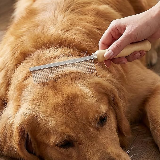 Pet Comb - Stainless Steel Teeth and Wooden Handle - Detangling and Smoothing Tool for Long and Short Hair Dogs and Cats