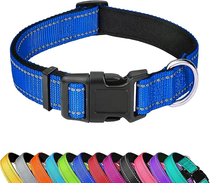Reflective Dog Collar, Adjustable Soft Neoprene Padded Nylon Pet Collars with Buckle for Puppy and Small Dogs, Cats, Navy Blue,XS