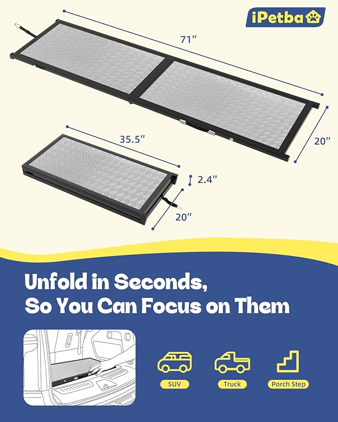 XLarge Dog Ramp for Car, SUV & Truck 71" – Joint & Spine Relief, Anti-Slip Surface, Heavy-Duty, Stable, Up to 200 lbs