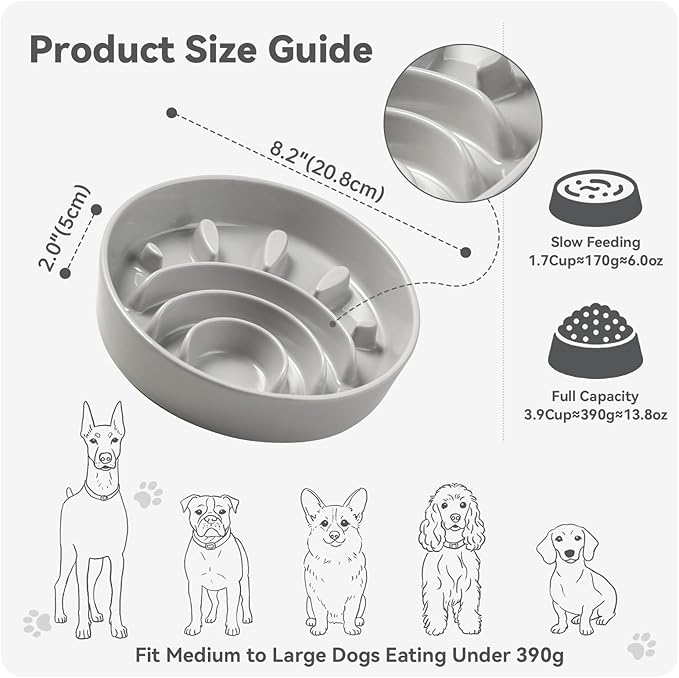 Ceramic Slow Feeder Dog Bowl - Maze Dog Bowl to Slow Down Eating - Feeding Dish for Fast Eaters - Ideal Food Control Dish for Medium to Large Breeds - 8.2 Inch - 1.8 Cups (180g) - Grey